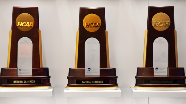 NCAA team champion trophies at Darrell K Royal Texas Memorial Stadium.